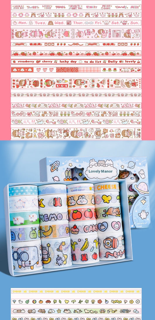 Set of 20 rolls of cute cartoon washi tape in a pink 'Peach Tea Talk' gift box, featuring peach, strawberry, and bear designs. - Image 11
