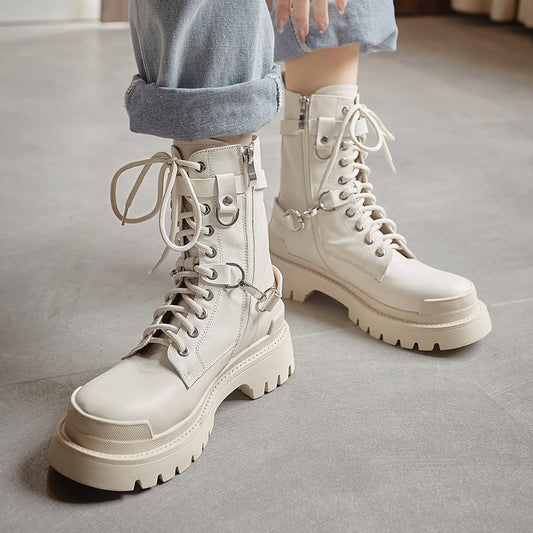Botas Martin de Cuero Genuino Estilo Británico con Suela Gruesa para Mujer