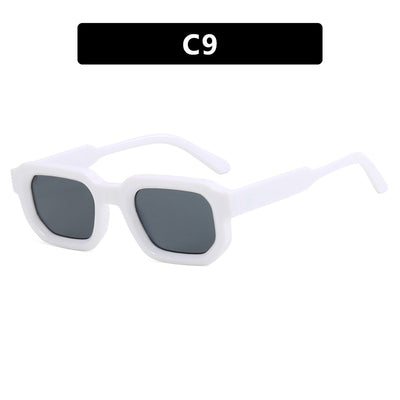 Black square-frame sunglasses with thick, angular frames and dark blue lenses, shown on a white background. - Image 14
