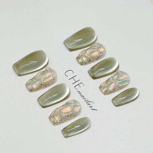 Calcomanías de Uñas Ojo de Gato Verde Armadura Hecha a Mano - Image 2