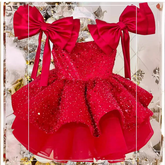 Vestido Princesa Niña Falda Tutú Rojo con Lentejuelas y Moño - Image 4