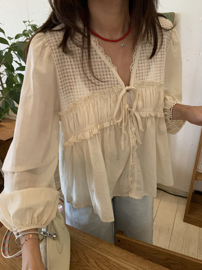 Blusa Elegante Retro con Escote V y Detalles de Malla - Diseño Holgado Versátil - Image 9