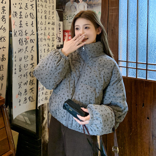 Abrigo Acolchado Estilo Universitario Coreano con Flores - Chaqueta de Algodón Grueso