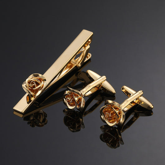 Juego de Clips de Corbata y Gemelos con Cristales Negros y Patrón Floral Esmaltado en Oro y Plata - Image 8