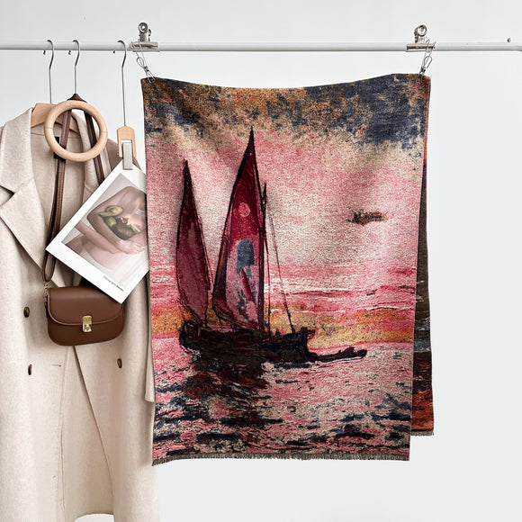 Women's Oil Painting Sailboat Scarf - Artistic Design