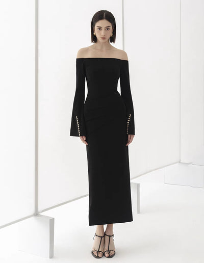 Vestido Elegante Cuello Barco con Mangas Campana y Cintura Ajustada - Image 7