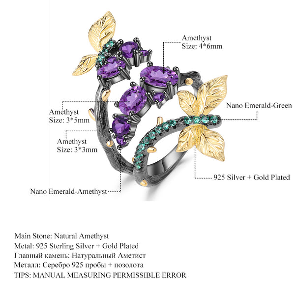 Anillo de Plata S925 con Diseño de Mariposa y Amatista Natural