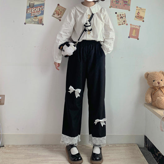 Pantalones Vintage Ancho con Lazo de Encaje para Mujer