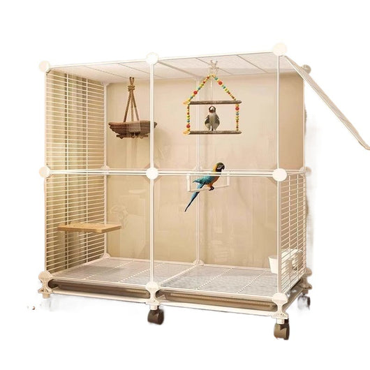 White single-layer bird cage with transparent sides, wire door, perches, bells, and a tunnel, on wheels. - Image 5