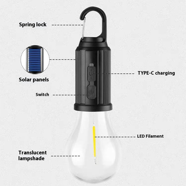 Lámpara Solar de Camping con Gancho y Carga USB - Luz Tungsteno Portátil