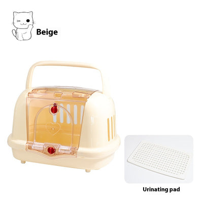 Brown pet carrier with a clear front door, top handle, ventilation slots, and a white urinating pad. - Image 11