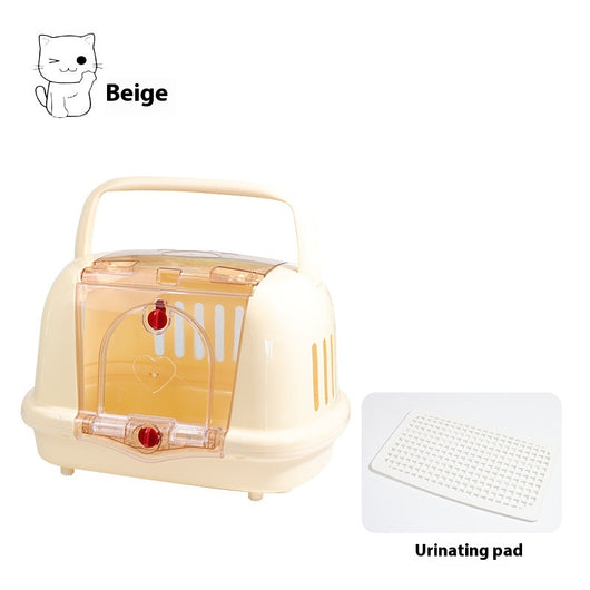 Brown pet carrier with a clear front door, top handle, ventilation slots, and a white urinating pad. - Image 11