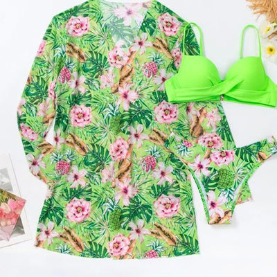 Women's red bikini with a tropical floral and pineapple print cover-up shawl, featuring a twisted front top. - Image 5