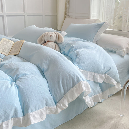 Juego de Cama Blanco de 4 Piezas Estilo Princesa, Algodón Lavado a la Piedra - Image 9