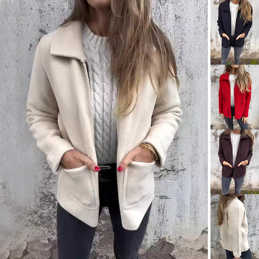 Chaqueta Solapa con Cierre y Bolsillos para Mujer - Abrigo Versátil Otoño Invierno