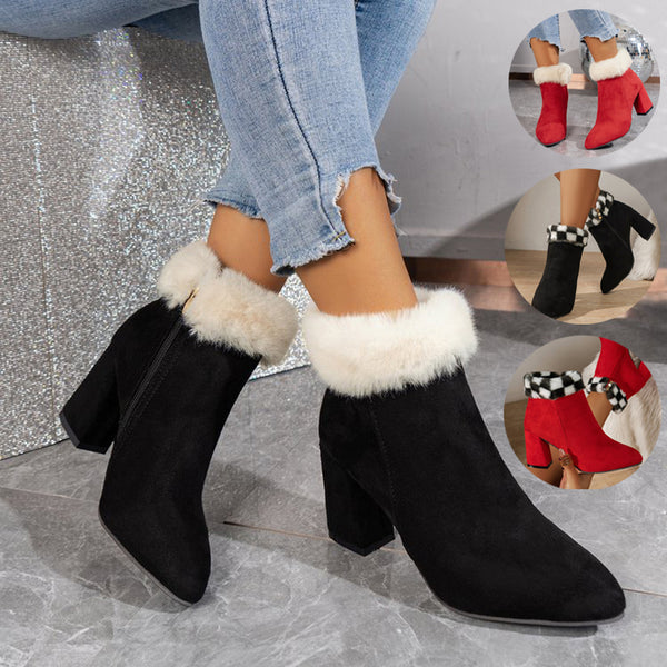 Botas Tobilleras de Ante Cuadro Escocés con Tacón Cuadrado - Comodidad y Estilo para Otoño e Invierno