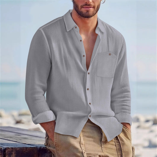 Camisa Cardigan Lino Hombre Fit Relajado Color Sólido - Image 7