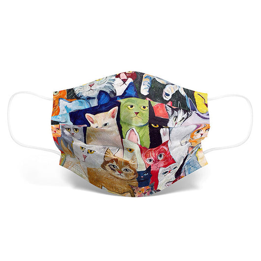 Disposable face mask with a colorful, artistic cartoon cat print and white ear loops. - Image 5