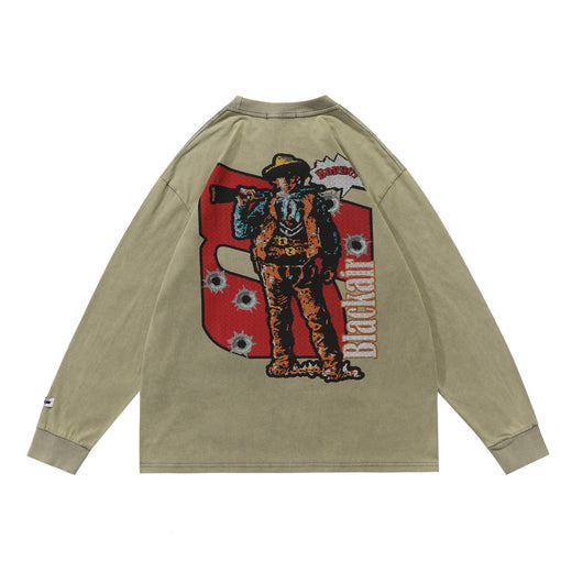 Playera Holgada Estampado Denim Lavado Desgastado Manga Larga - Image 14