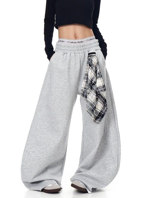 Pantalón Ancho Suelto con Pañuelo Cuadriculado Retro Desmontable