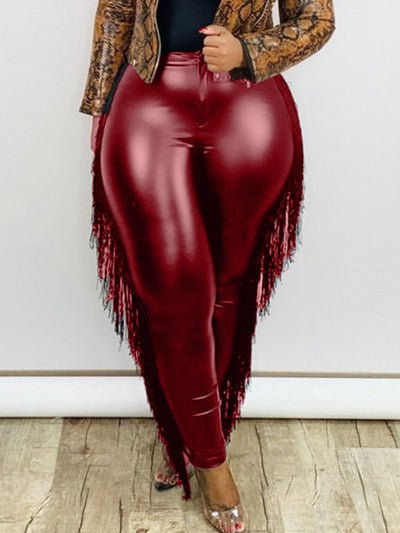Pantalones de Cuero Premium con Detalle de Borlas - Talla Grande 9 Pulgadas - Image 12