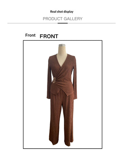 Conjunto de Pantalón y Blusa Cruzada de Manga Larga en Color Sólido para Mujer - Image 14