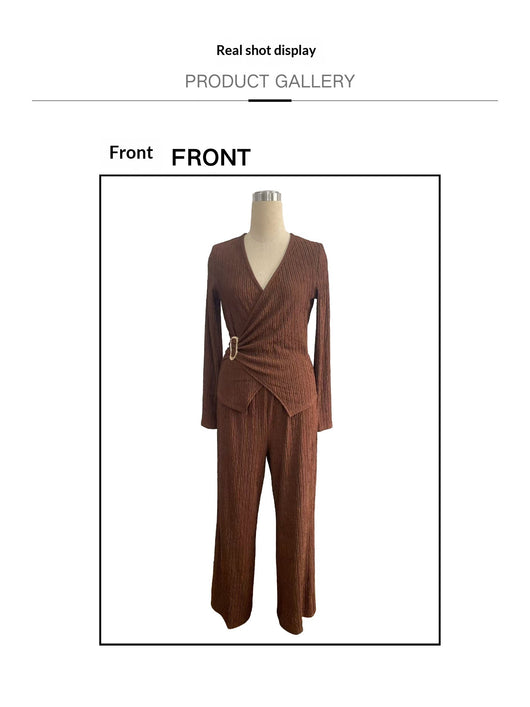 Conjunto de Pantalón y Blusa Cruzada de Manga Larga en Color Sólido para Mujer - Image 14