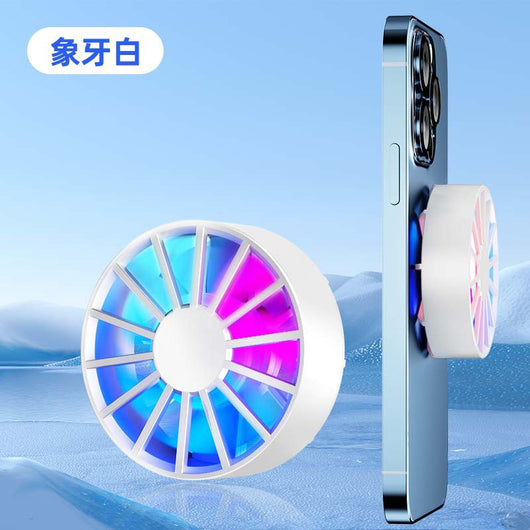White magnetic phone cooler with blue and pink RGB lights, attached to a silver smartphone, against an icy blue background. - Image 4