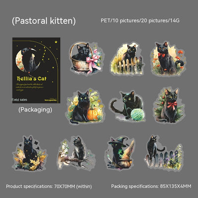 Set of die-cut PET stickers featuring various black cats with purple and blue watercolor effects, some with moons, stars, or wizard hats. - Image 8