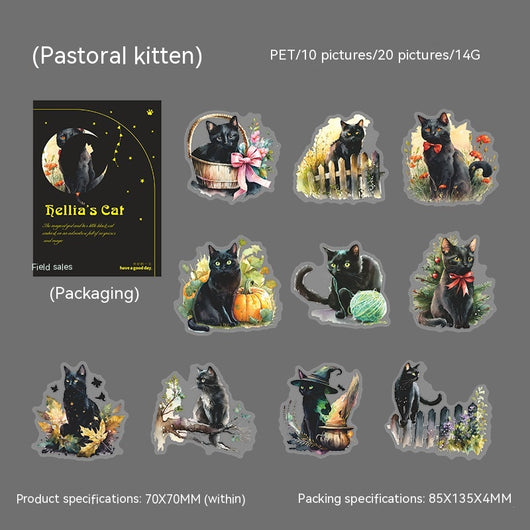 Set of die-cut PET stickers featuring various black cats with purple and blue watercolor effects, some with moons, stars, or wizard hats. - Image 8