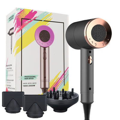 Dark gray high-power anion hair dryer with rose gold accents, two concentrator nozzles, and a diffuser. - Image 2