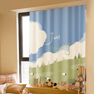 Printed Velcro cabinet curtain with a cartoon oil painting of white and yellow tulips under a light blue sky with clouds and a crescent moon. - Image 14