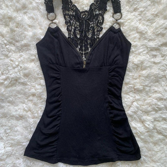 Top Retro Hot Girl de Algodón con Encaje y Tirantes Ajustados
