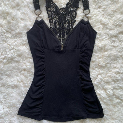 Top Retro Hot Girl de Algodón con Encaje y Tirantes Ajustados