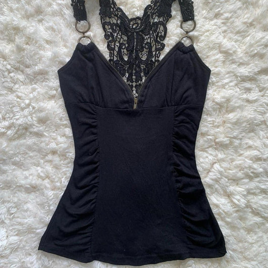 Top Retro Hot Girl de Algodón con Encaje y Tirantes Ajustados