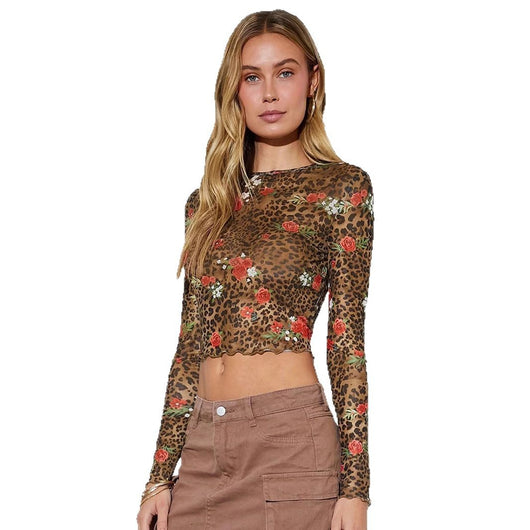 Blusa Estampado Leopardo y Flores Malla Cuello Redondo Manga Larga - Image 5