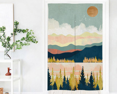 Fabric partition curtain with an abstract mountain landscape, featuring a peach sunset and flying birds, in blue, green, and cream. - Image 11