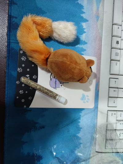 Light blue plush mouse cat toy with a long white and blue tail, packaged with a small tube of catnip. - Image 24