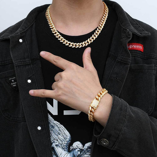Cadena Cubana Hip Hop 12mm Chapada en Oro Real con Diamantes Completos - Image 3