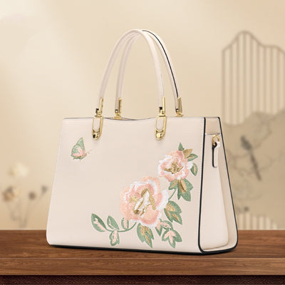 Bolso Diana de Cuero con Bordado de Peonía y Mariposa - Gran Capacidad - Image 3