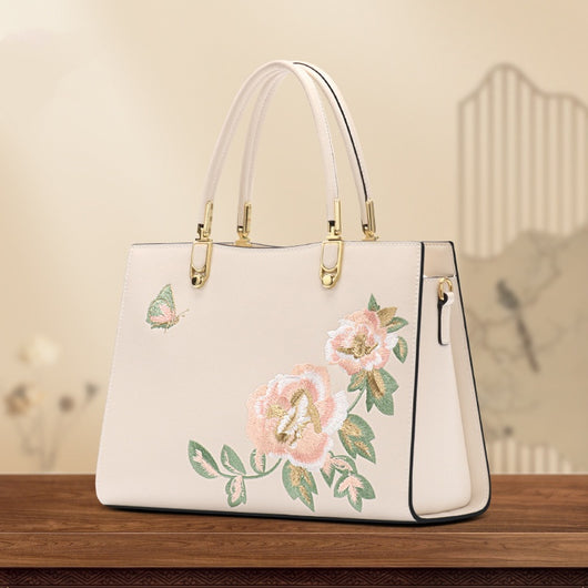 Bolso Diana de Cuero con Bordado de Peonía y Mariposa - Gran Capacidad - Image 3