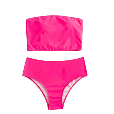Vibrant orange strapless bandeau bikini top and high-waisted bottoms set, worn by a woman with a white shirt. - Image 5