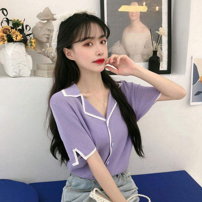 Blusa Fresca de Seda Hielo Cuello V - Manga Corta para Mujer