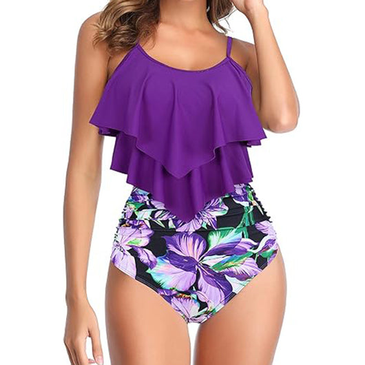 Women's two-piece bikini swimwear with a purple ruffled tankini top and high-waisted floral print bottoms. - Image 8