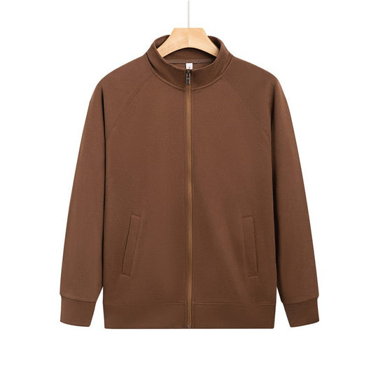 Purple full-zip jacket with a stand-up collar, raglan sleeves, and front pockets, displayed on a hanger. - Image 27