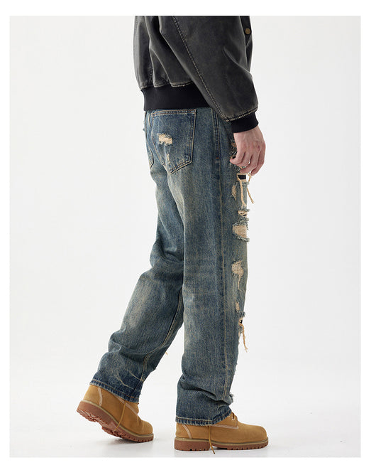Pantalones Vaqueros Anchos Rotos con Detalles de Agujeros y Parches Personalizados para Hombre - Image 11