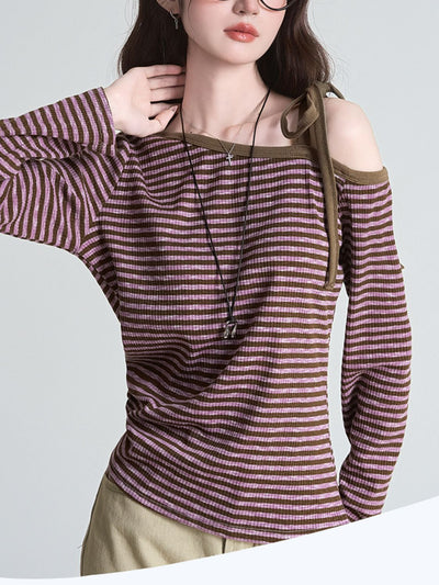 Blusa Slim Rayas Moradas con Hombros Descubiertos Manga Larga - Image 9