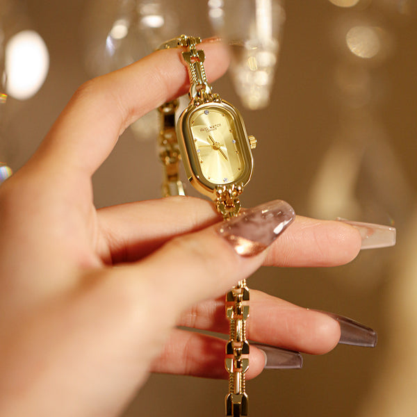 Reloj de Pulsera Ovalado Dorado Vintage Lujo Artístico Cuarzo