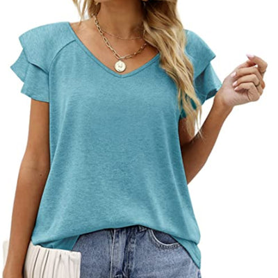 Blusa Cuello V Doble Capa Hoja de Loto Manga Corta para Dama - Image 6
