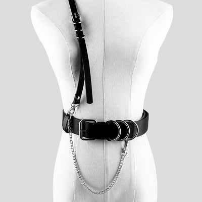 Black waist belt with single shoulder strap, silver buckle, D-rings, and decorative chain. - Image 9